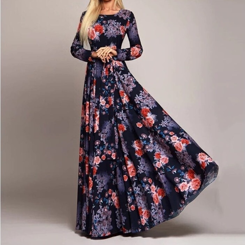 Vintage Boho Flowers Printed Long Dress, size S